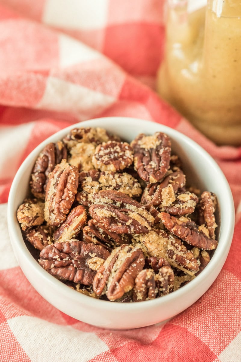 sugared nuts in a white bowl