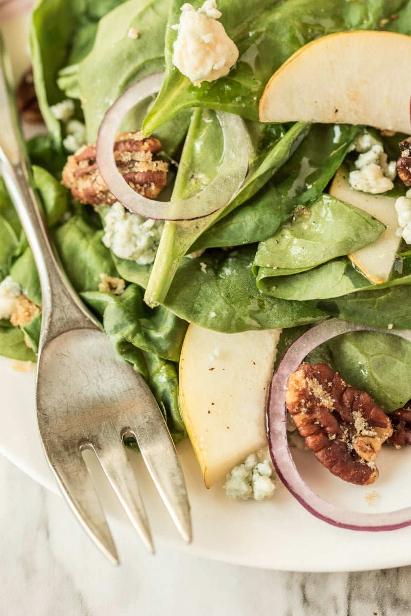 close up of autumn salad with fork