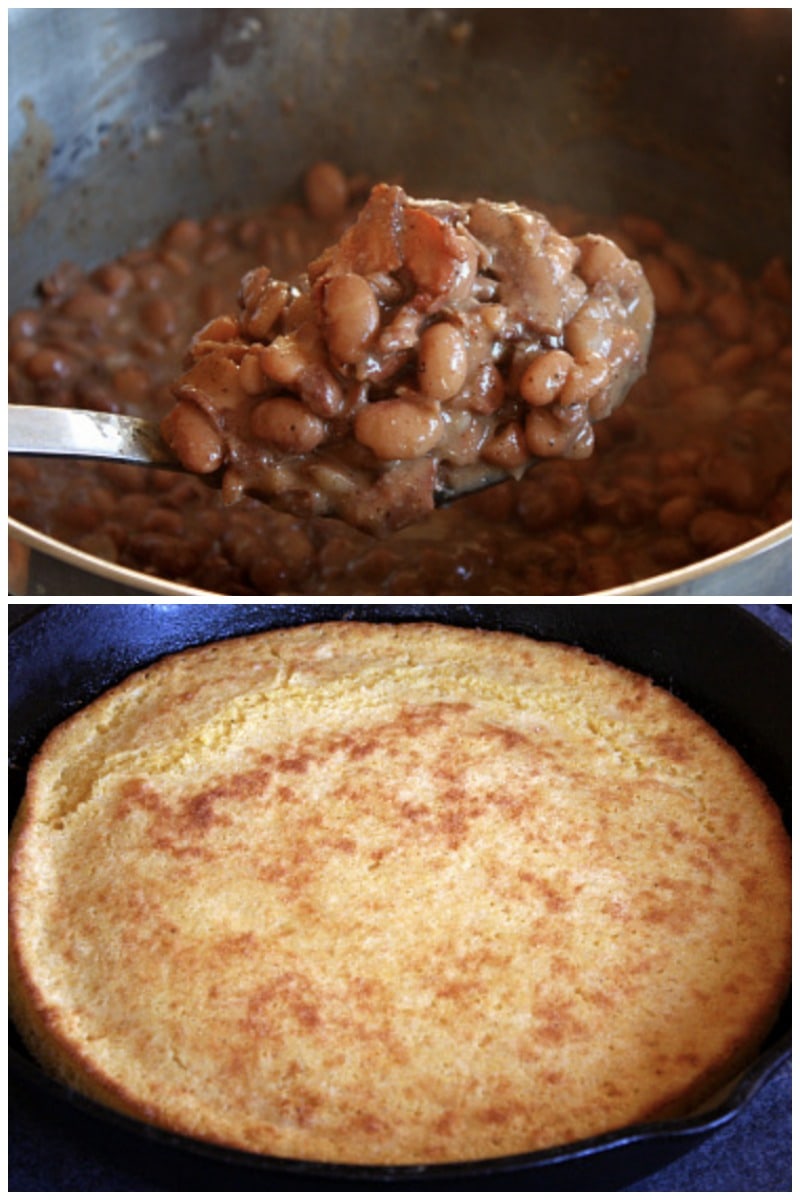 two photos showing beans and then cornbread