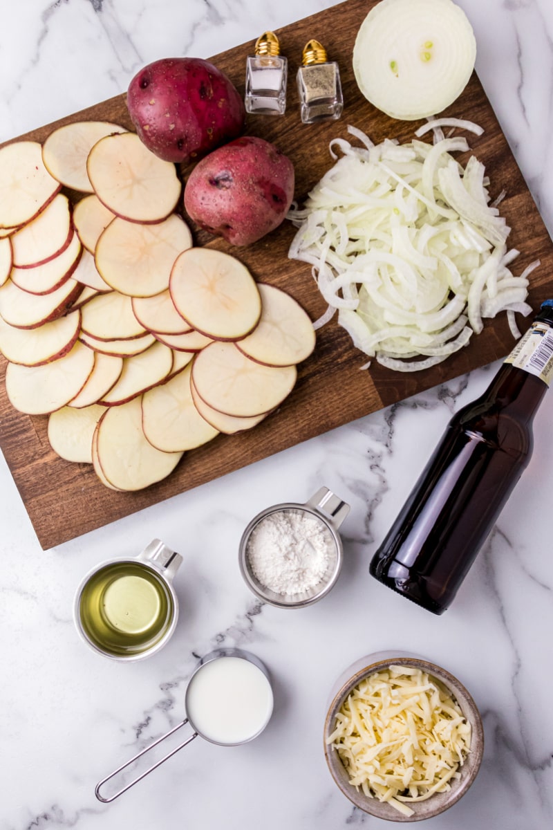 ingredients displayed for making beer baked scalloped potatoes