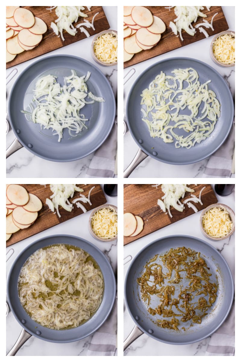 four photos showing how to caramelize onions in pan