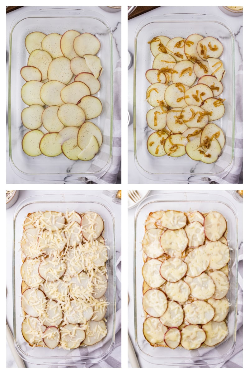 four photos showing assembly in pan of making scalloped potatoes