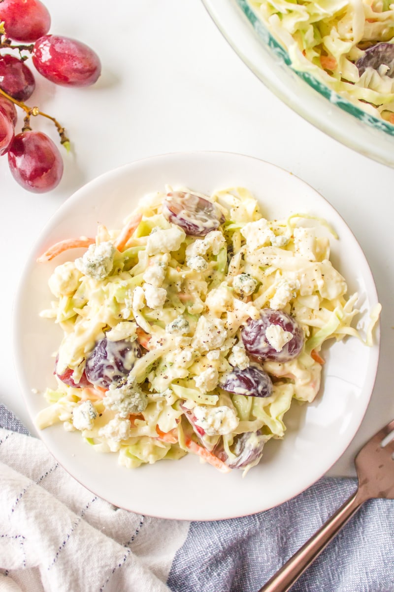 blue cheese cole slaw on a white plate