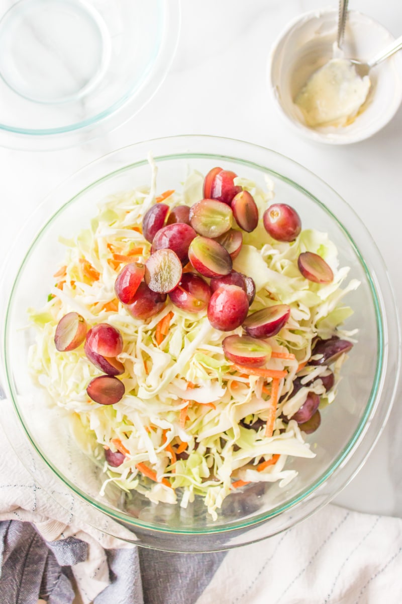 ingredients in a bowl for making blue cheese cole slaw