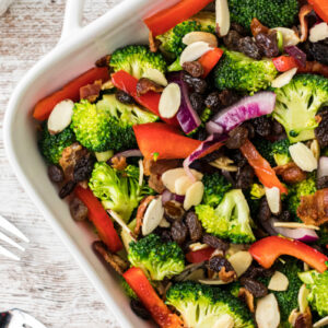 dish of broccoli salad with vinaigrette