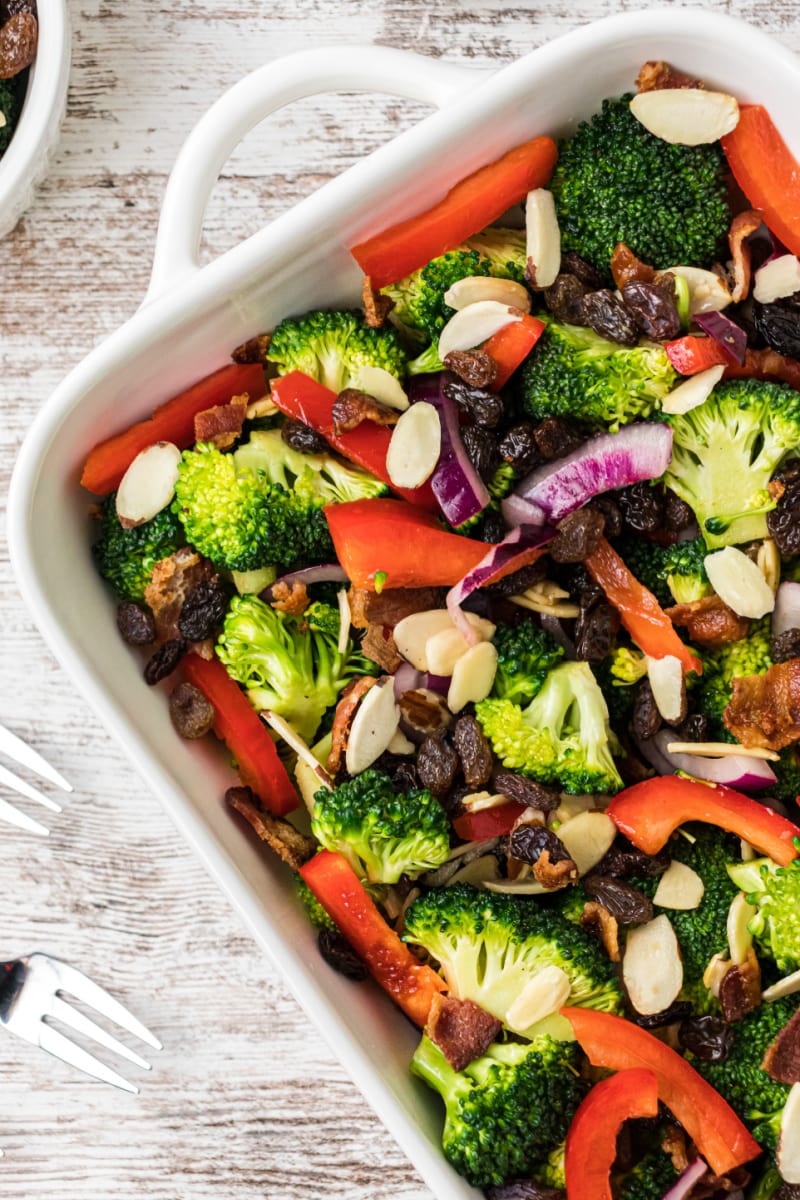 dish of broccoli salad with vinaigrette