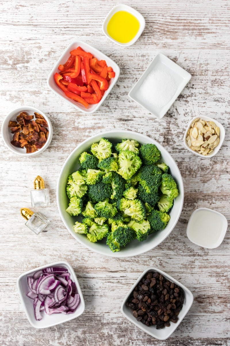 ingredients displayed for making broccoli salad with vinaigrette