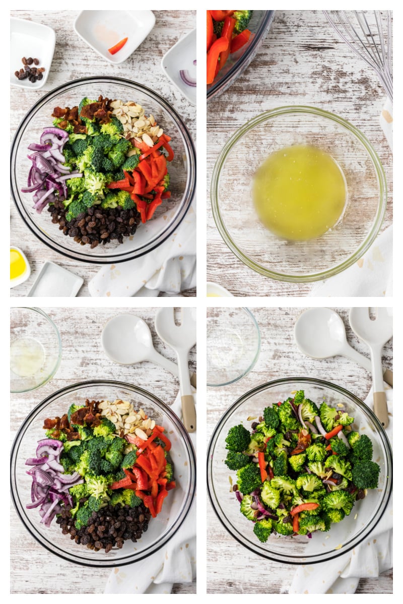 four photos showing how to make broccoli salad with vinaigrette