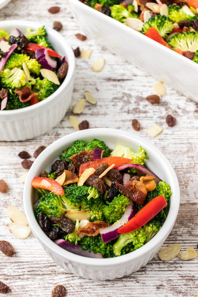 serving bowls of broccoli salad