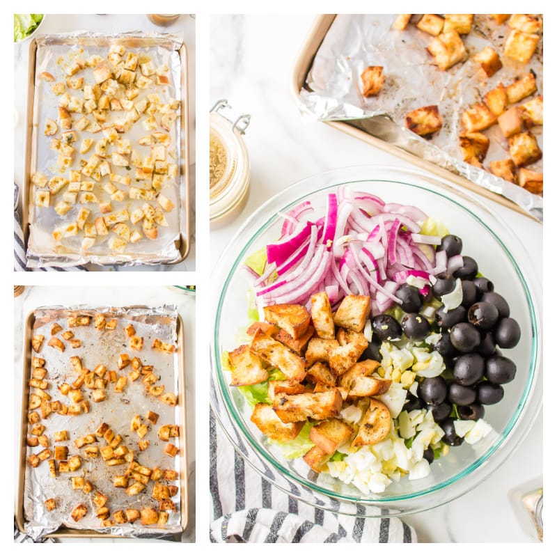 three photos showing how to make croutons and assemble salad in bowl