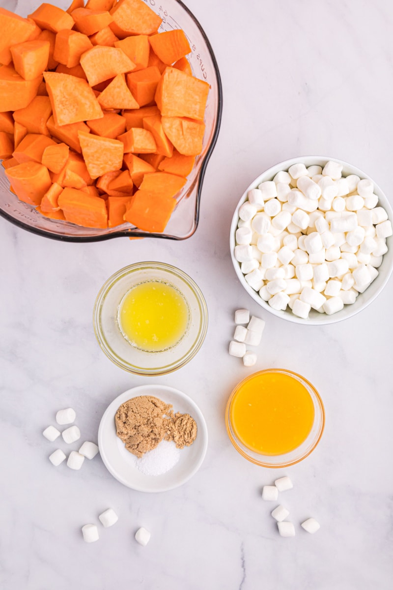ingredients displayed for making caramelized yams with marshmallows