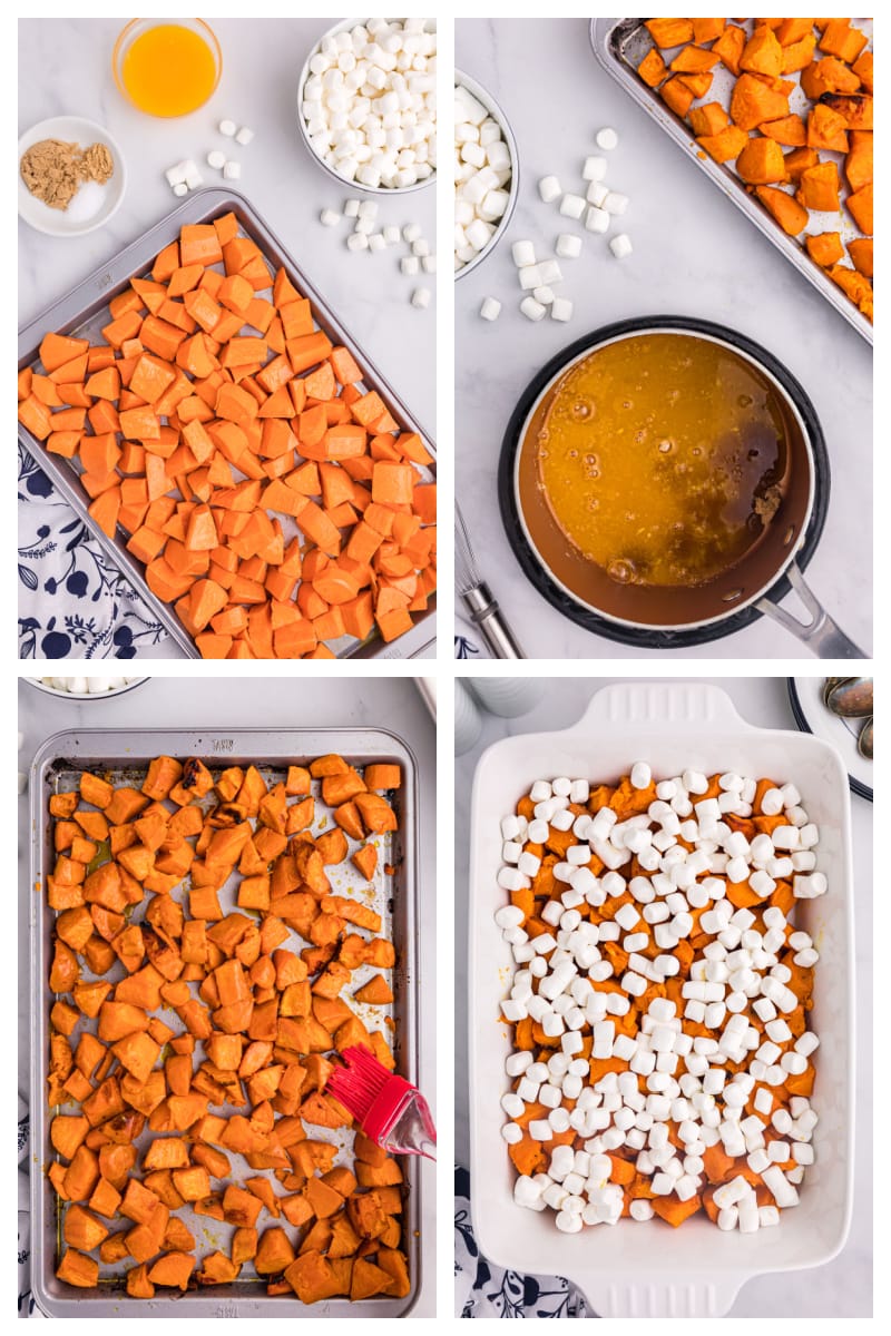 four photos showing how to make caramelized yams