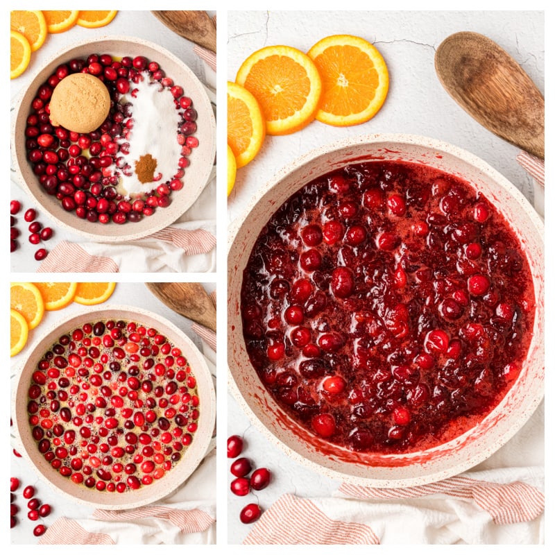 three photos showing how to make cinnamon cranberry sauce