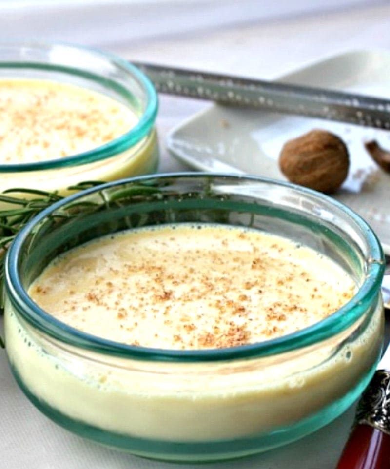 eggnog custard with nutmeg in glass dish