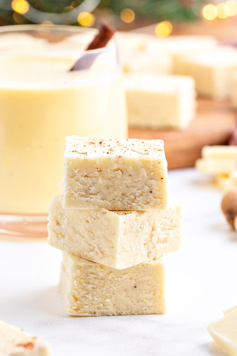 three stacked pieces of eggnog fudge