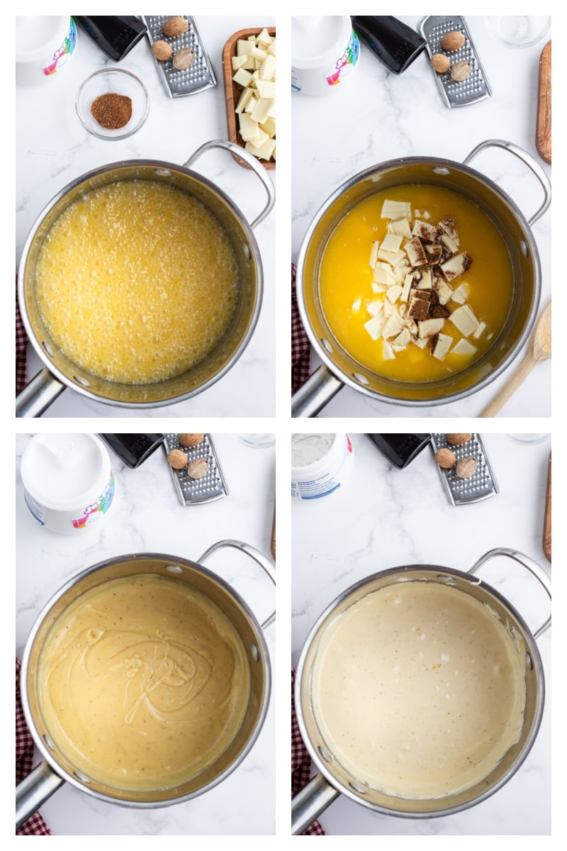 four photos showing how to make eggnog fudge in a pan