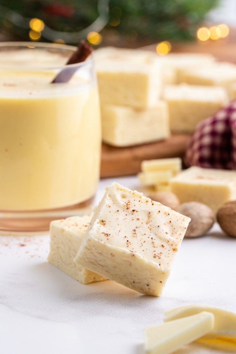 eggnog fudge and a glass of eggnog