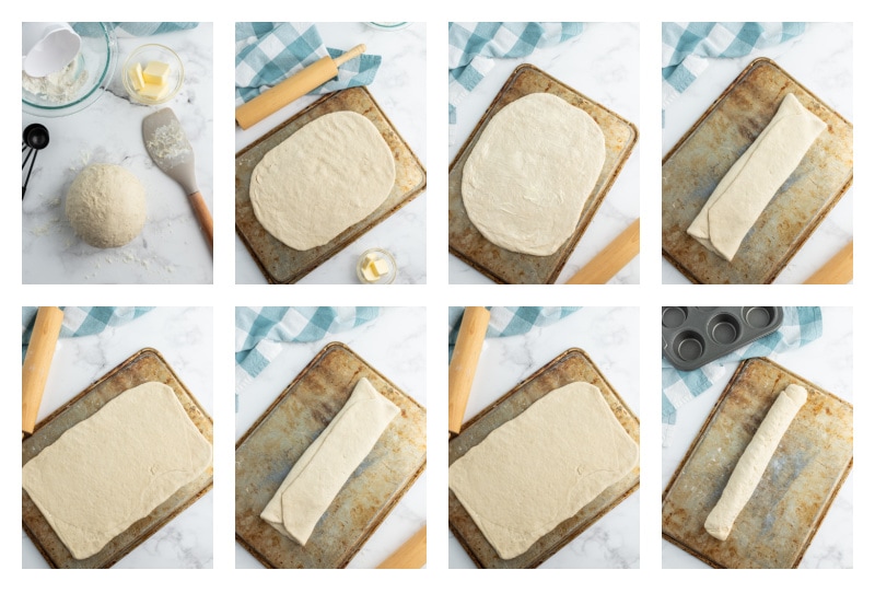 8 photos showing process of rolling out dough for flaky dinner rolls