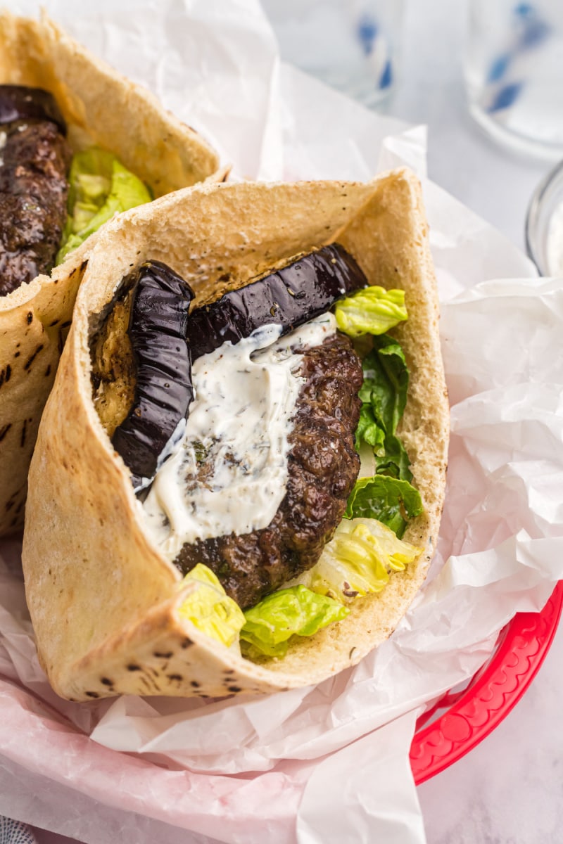 greek inspired burger in pita