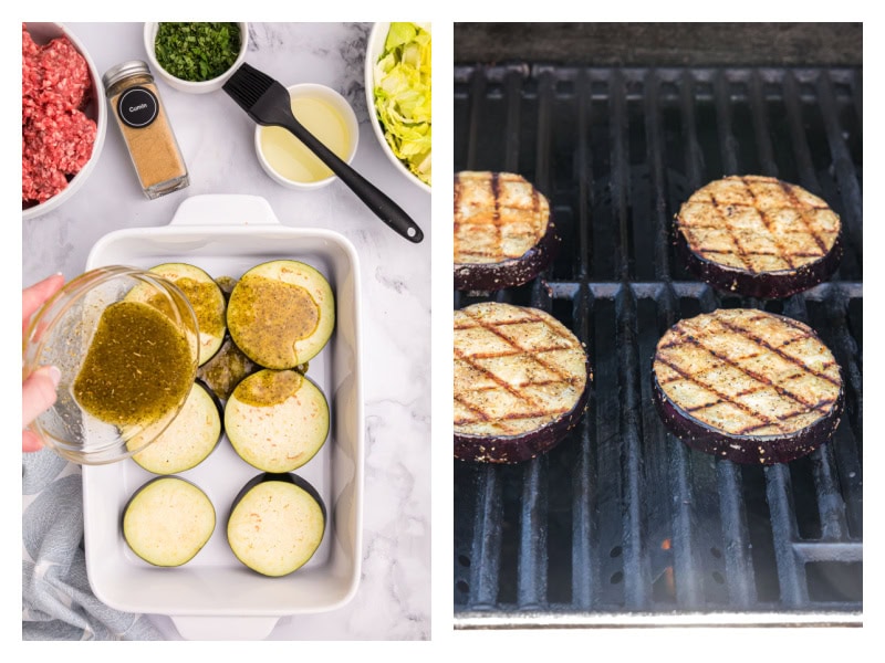 two photos showing marinating eggplant and then grilling it