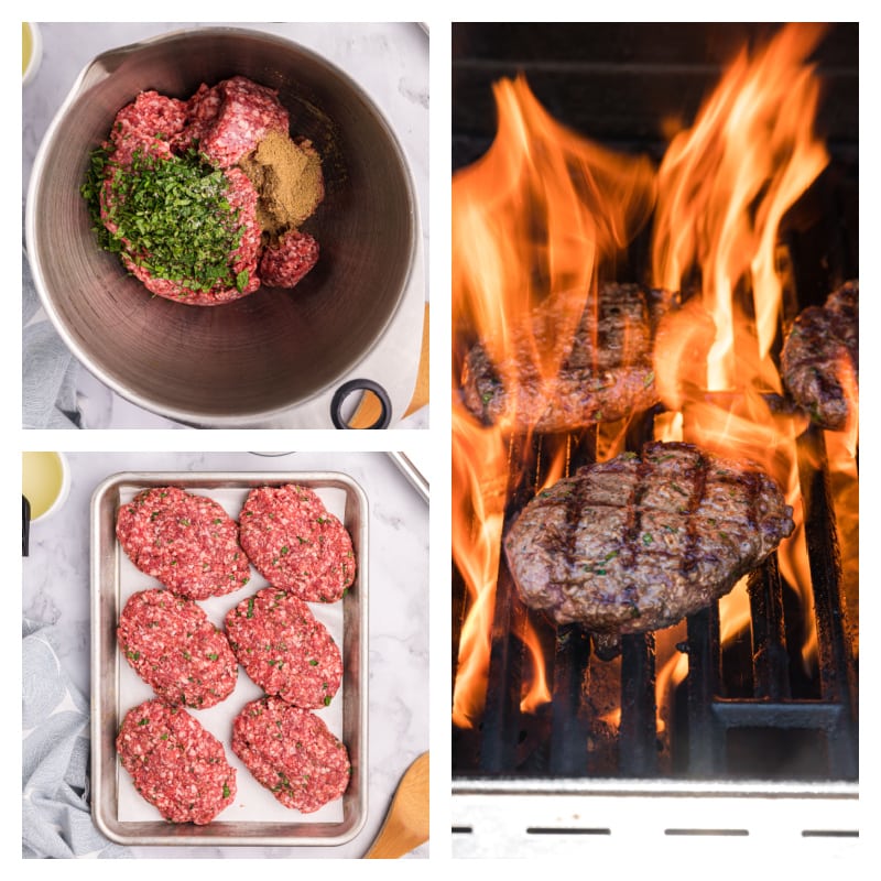 three photos showing how to make lamb burgers and then grilling them