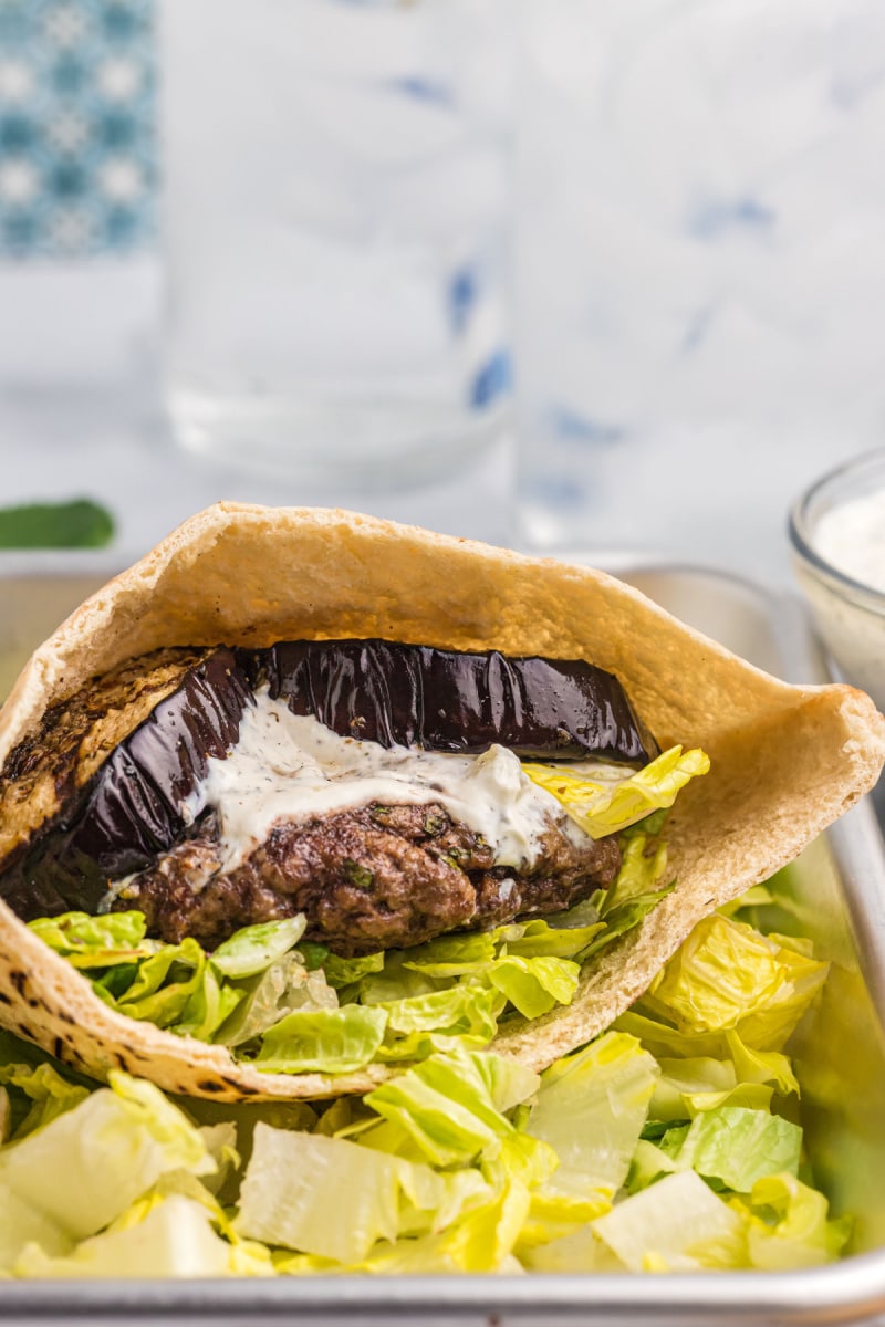 greek inspired burger in a pita