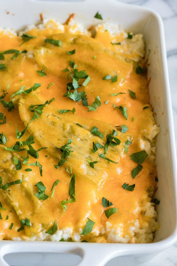 Green Chile Rice recipe from RecipeGirl.com #chile #rice #mexican #side #recipe #RecipeGirl Green Chile Rice in a casserole dish