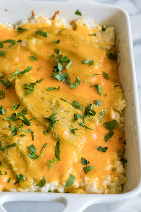 Green Chile Rice in a casserole dish