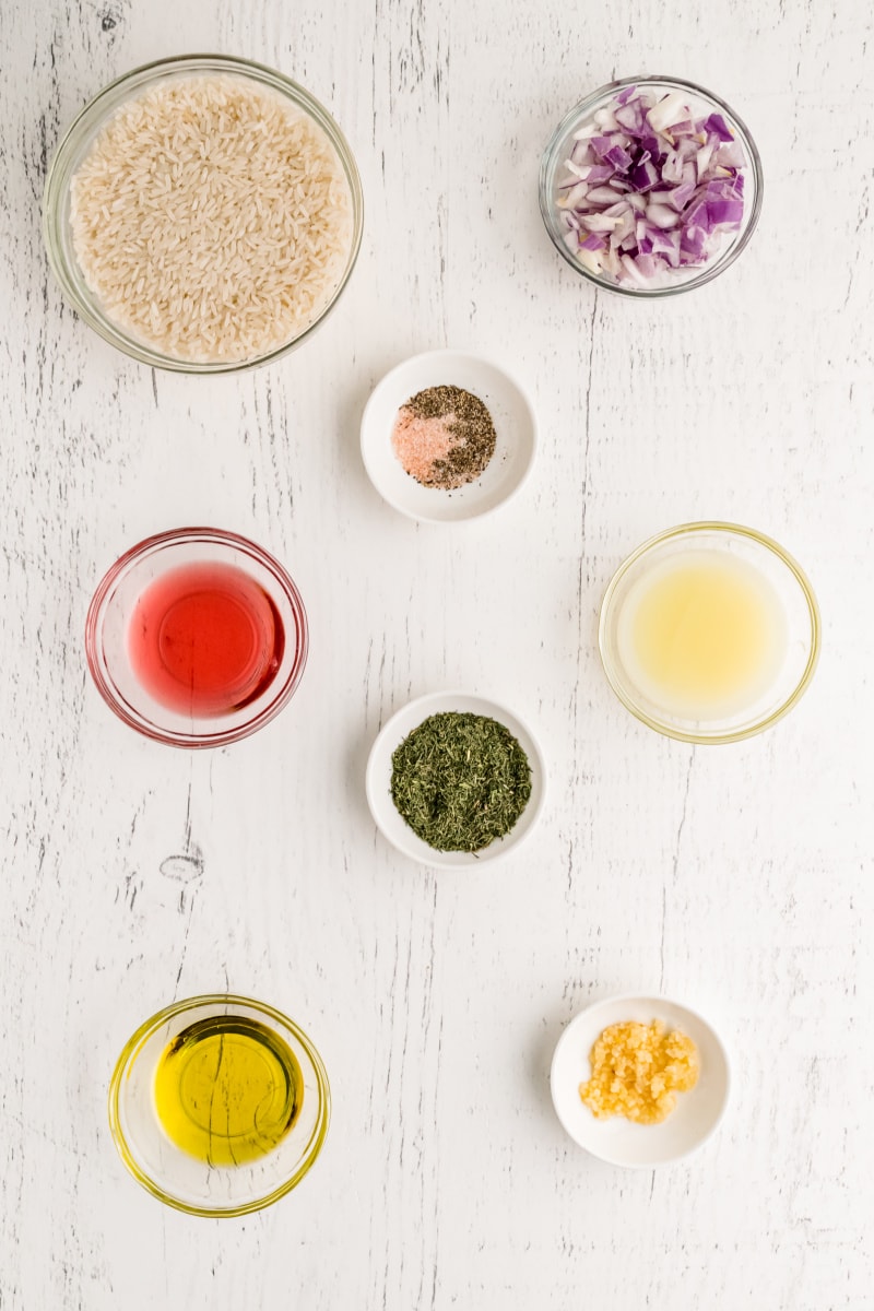 ingredients displayed for making lemon dill rice