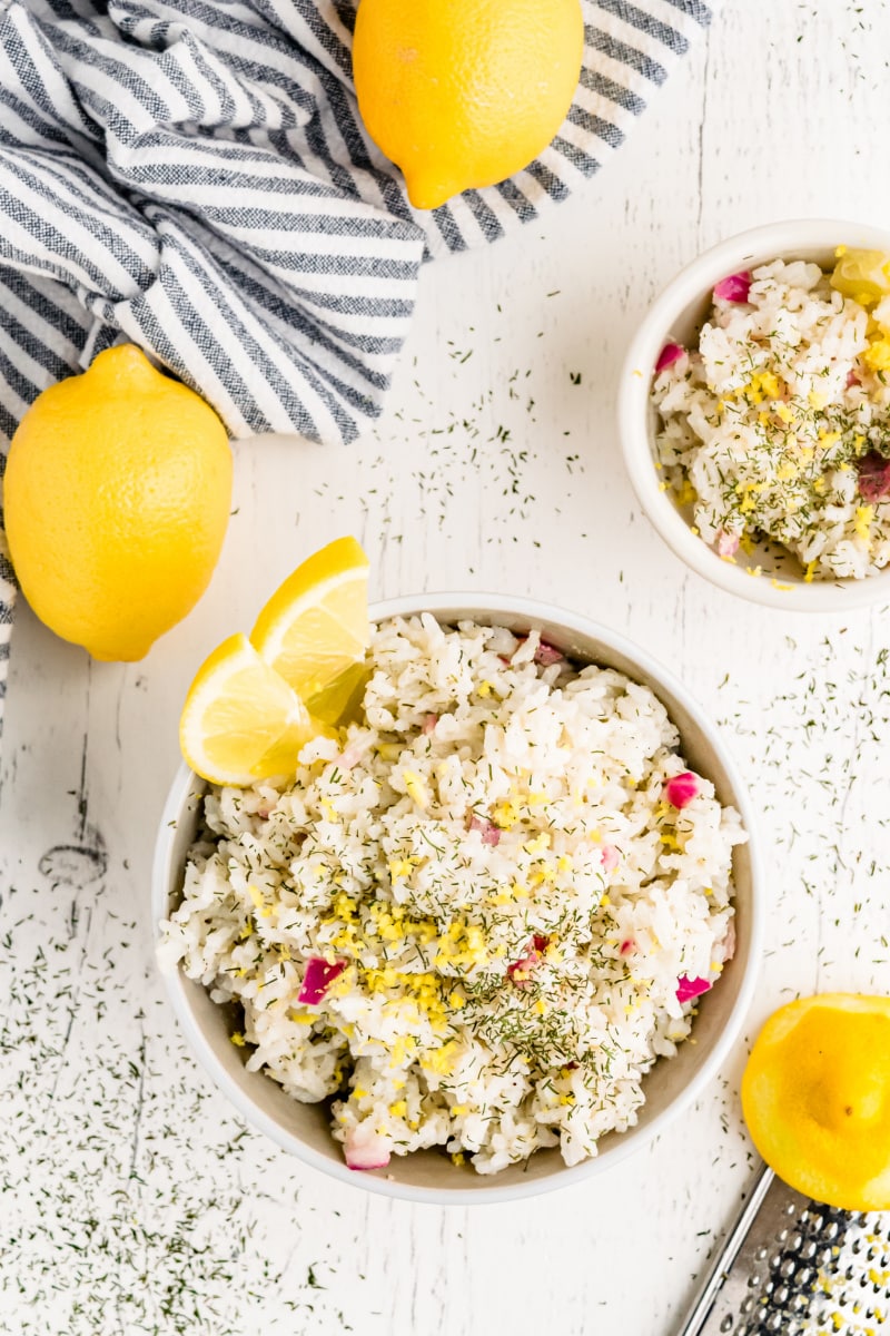 overhead shot lemon dill rice in bowl