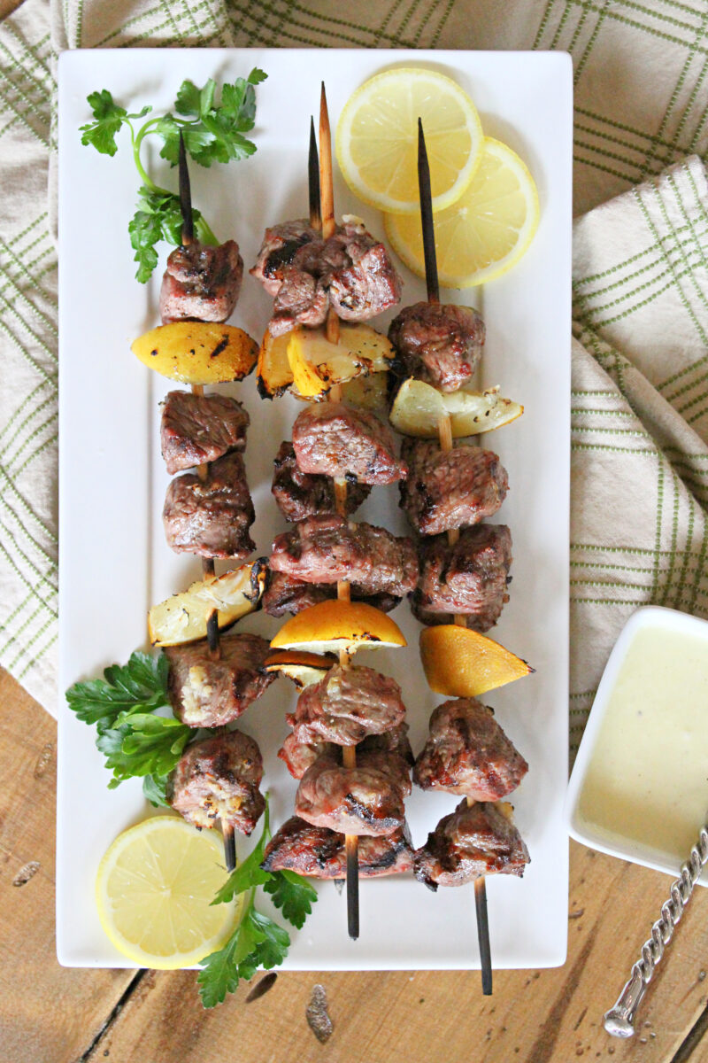 Lemon Garlic Lamb Kebabs on a platter