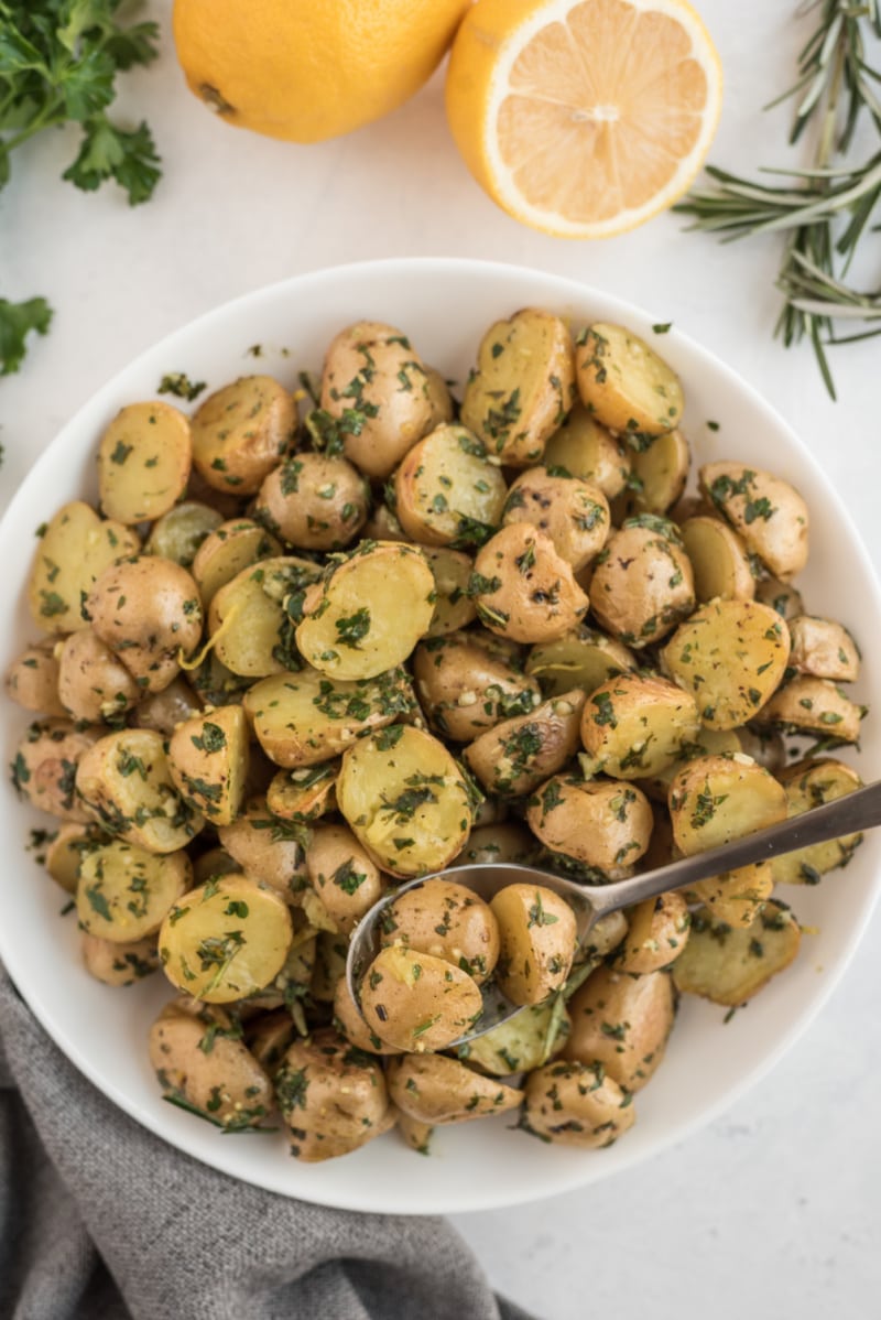 lemon and herb roasted new potatoes in bowl