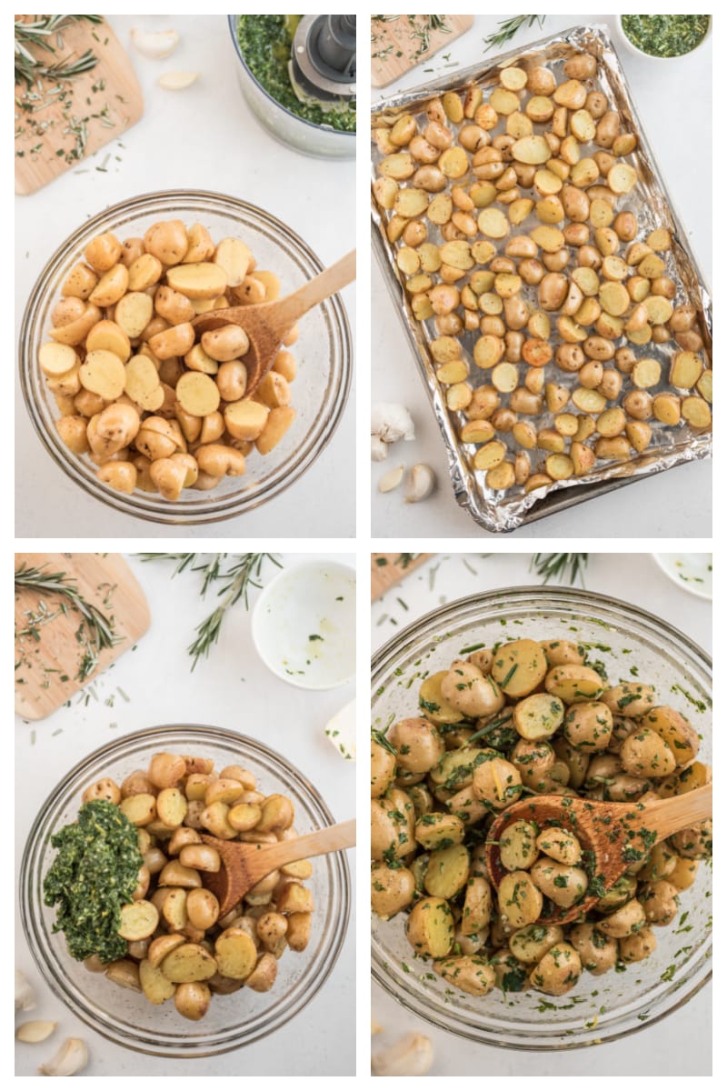 four photos showing potatoes in bowl roasted in pan in bowl again and mixed with herbs