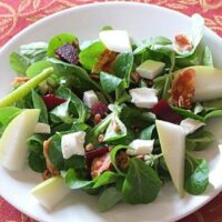 Mache Salad with Pear, Goat Cheese, Beets and Walnuts
