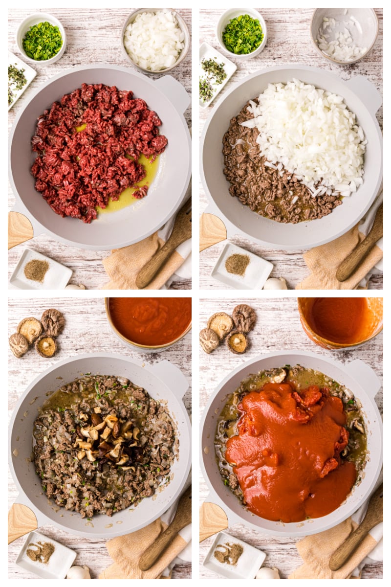 four photos showing how to make mom's spaghetti sauce