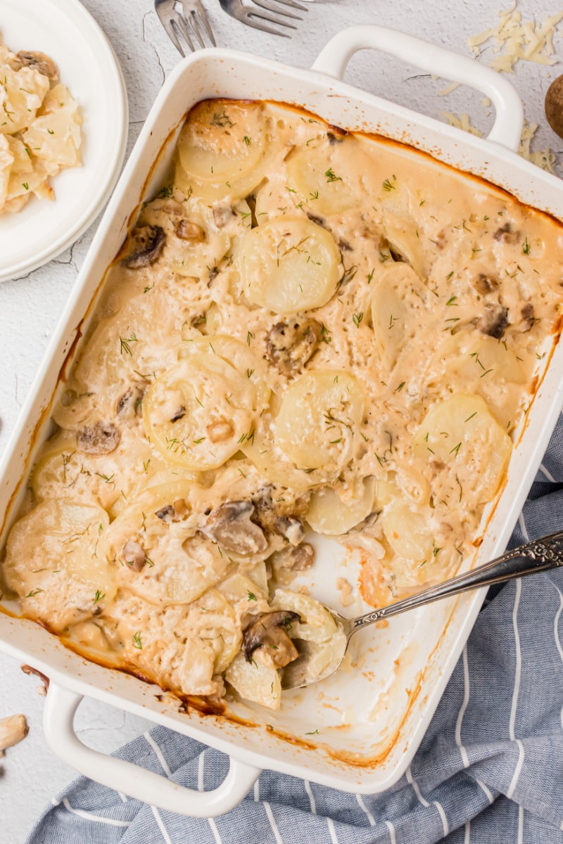 spoon in casserole dish of mushroom dill scalloped potatoes