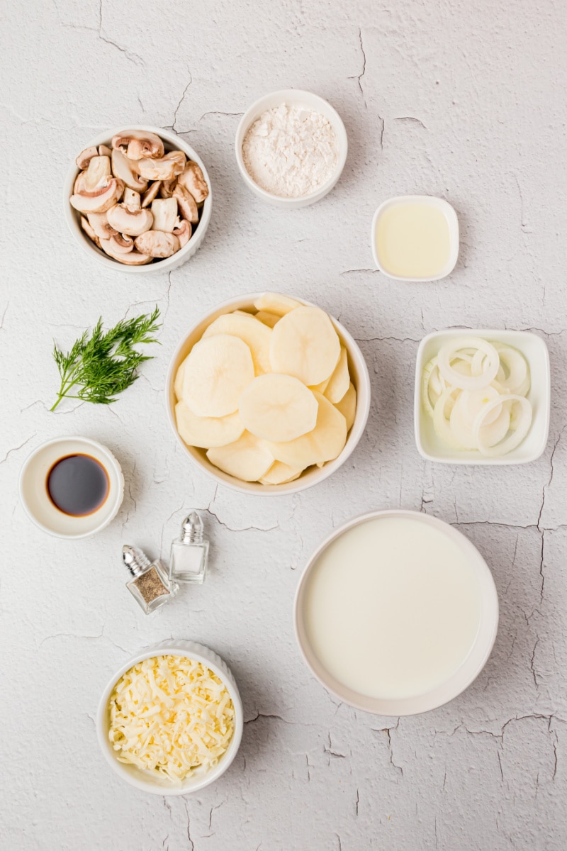 ingredients displayed for making mushroom dill scalloped potatoes