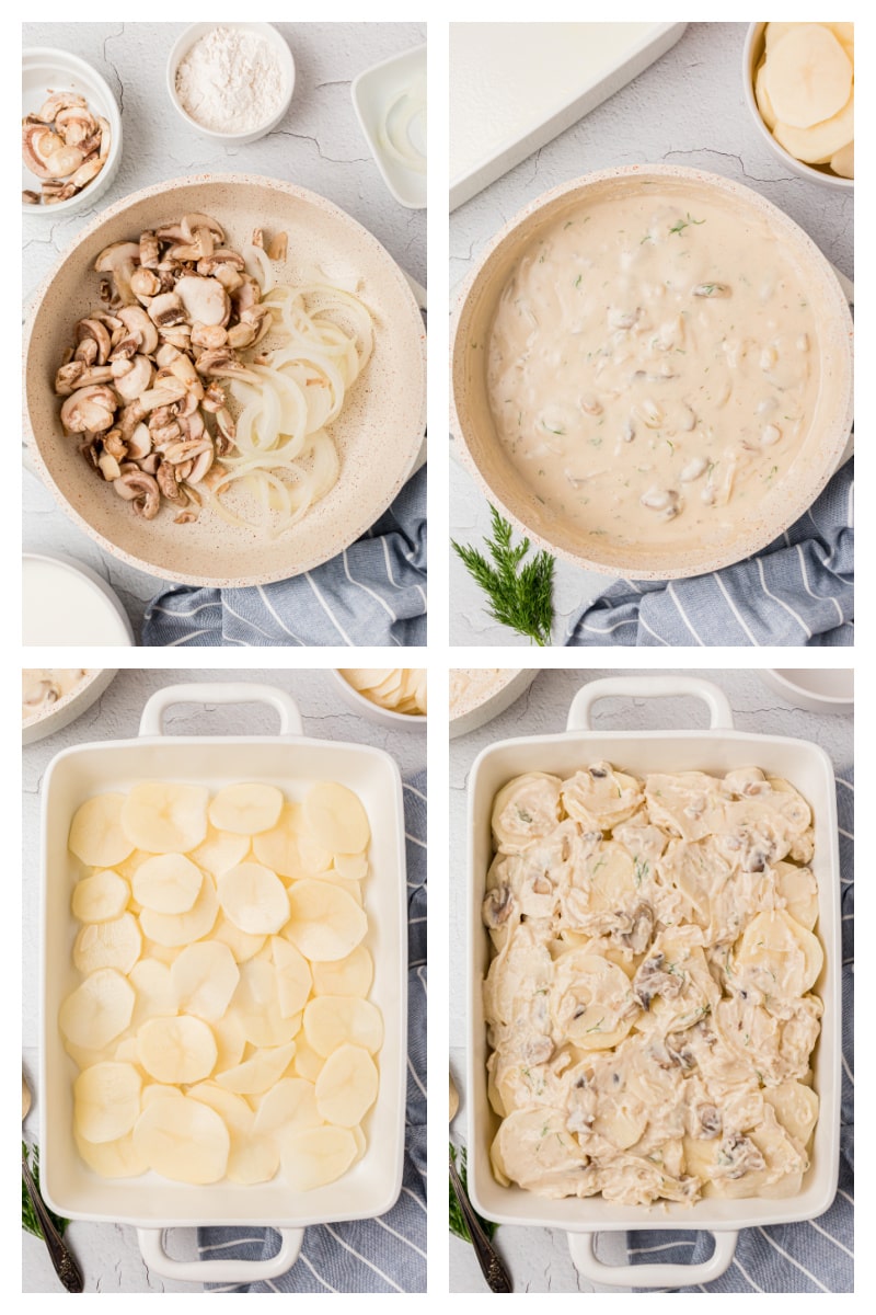four photos showing how to make mushroom dill scalloped potatoes