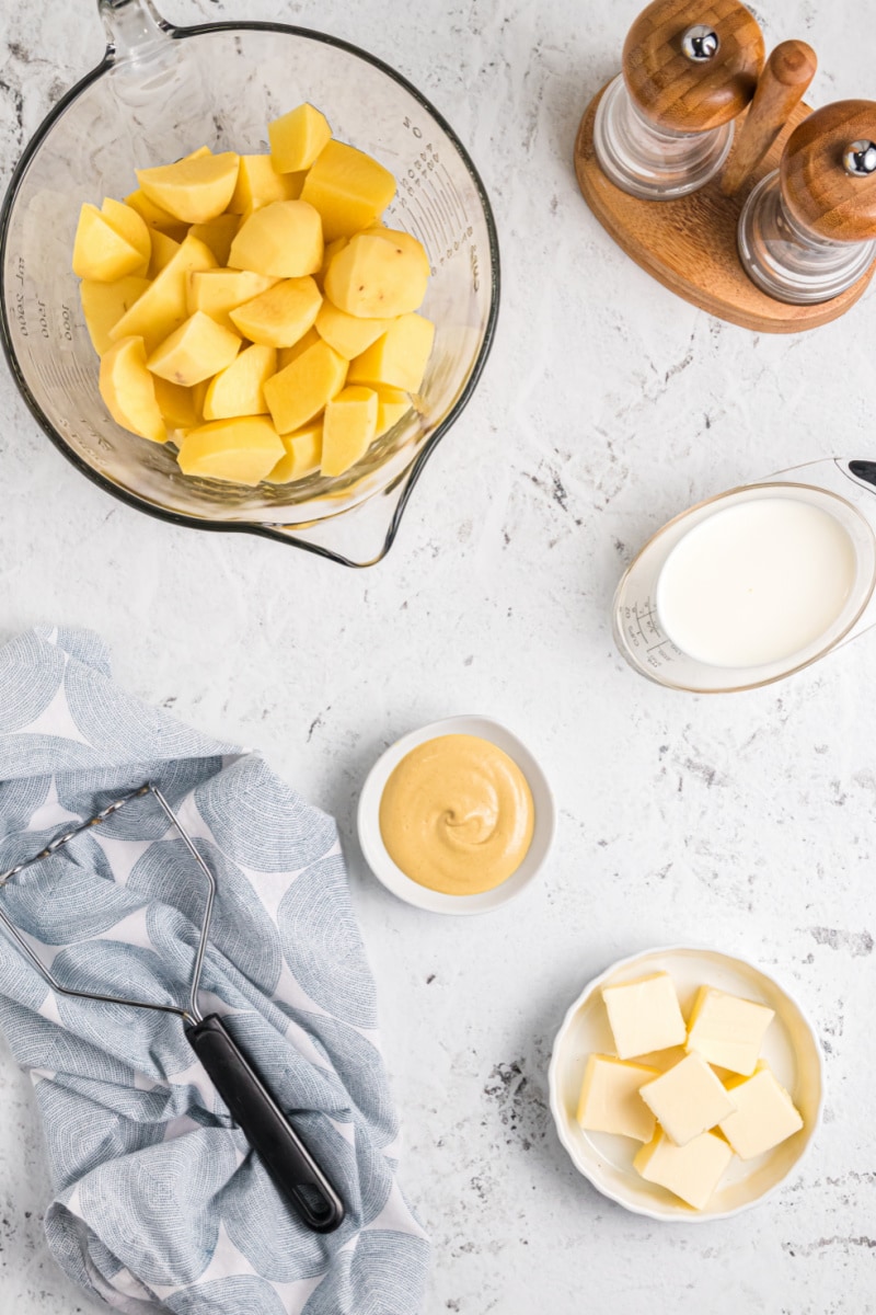 ingredients displayed for making mustard mashed potatoes