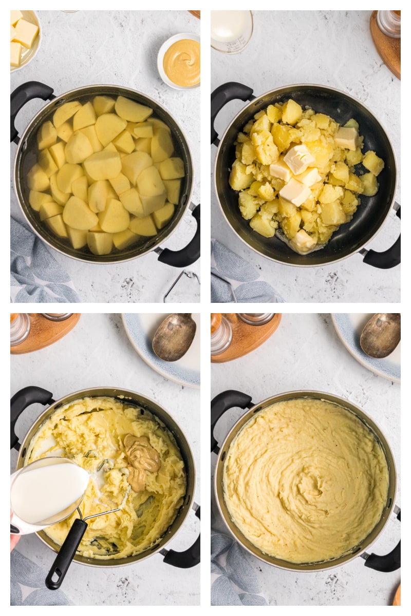 four photos showing how to make mustard mashed potatoes in a pot