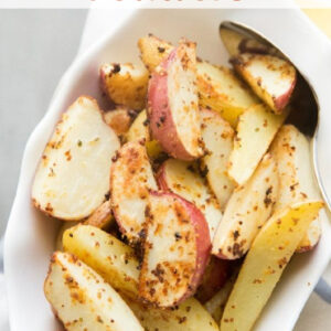 pinterest image for mustard roasted potatoes