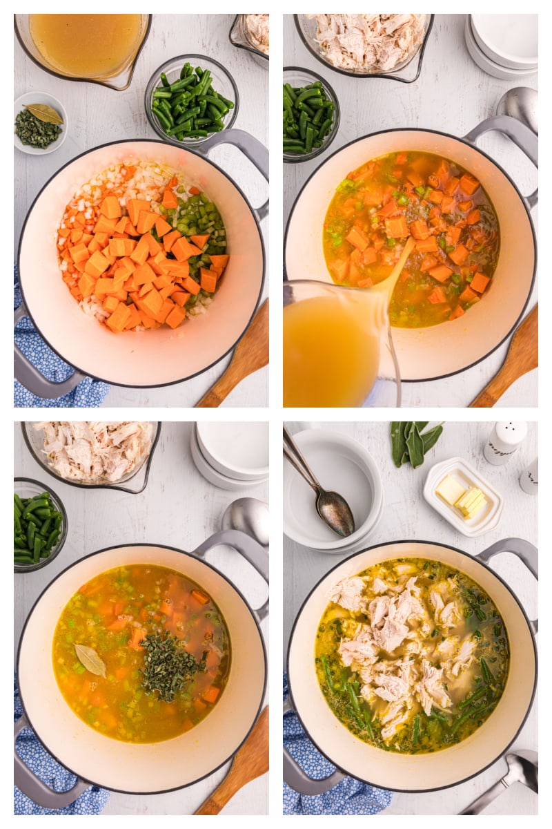 four photos showing how to make next day turkey soup