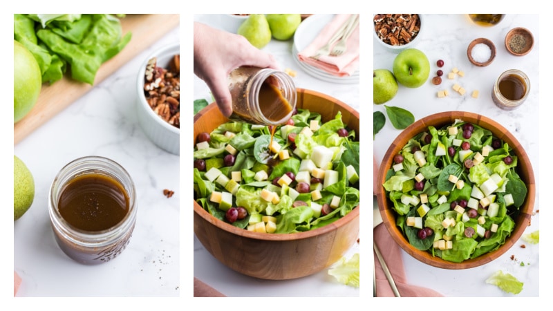 three photos showing adding dressing to salad