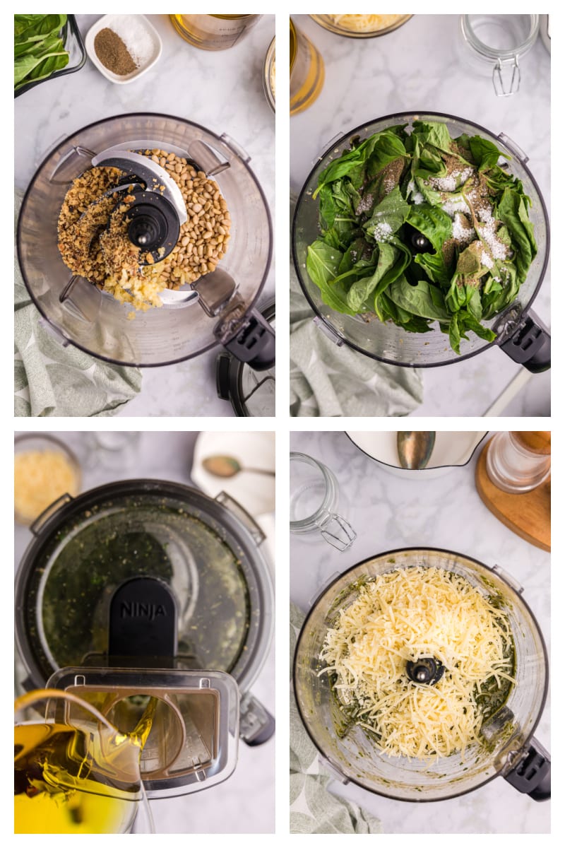 four photos showing how to make pesto sauce in food processor