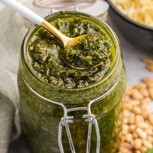 pinterest image for pine nut and walnut pesto sauce