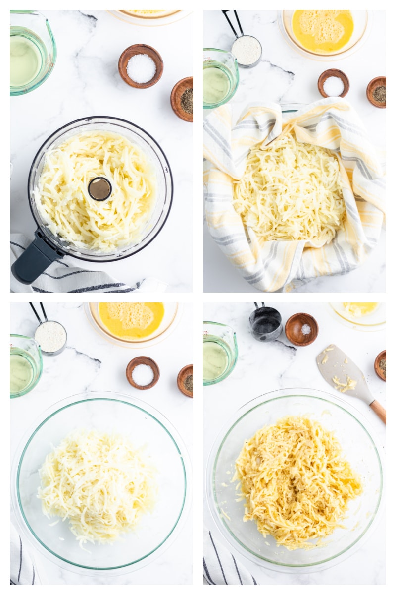 four photos showing how to make the potato mixture for latkes