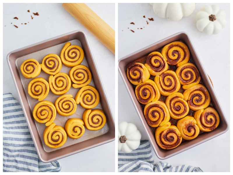 two photos showing raw cinnamon roll in pan and then baked