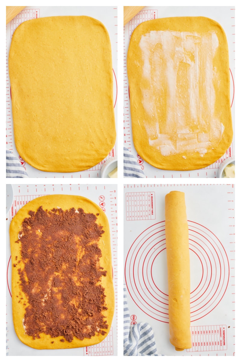 four photos showing how to make pumpkin cinnamon rolls