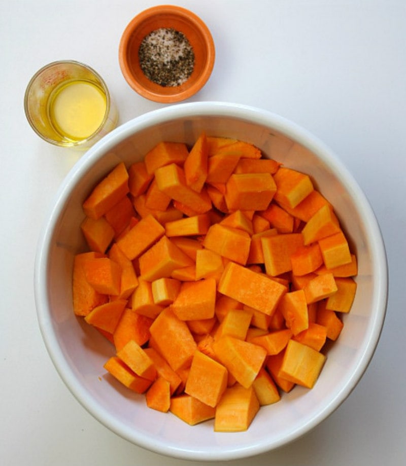 chopped butternut squash in white bowl