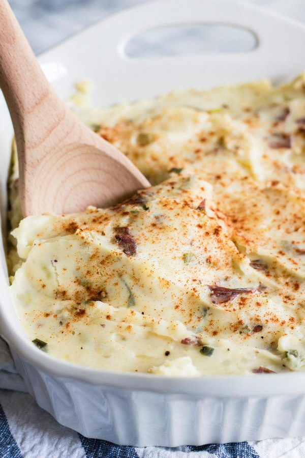 roasted garlic mashed potatoes in a casserole dish